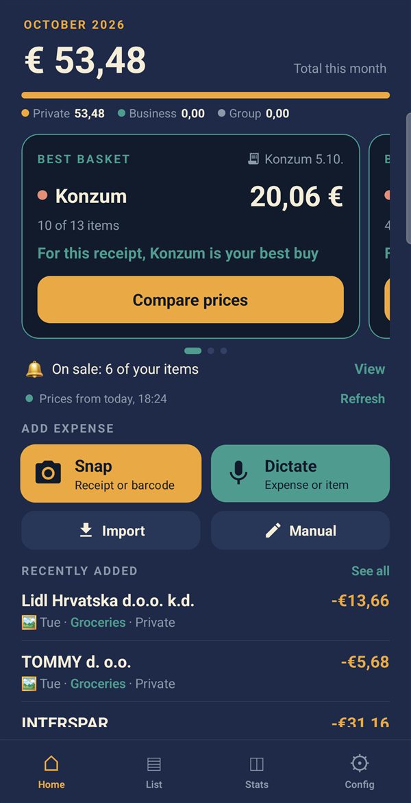 Expense Tracker home screen with the best basket card